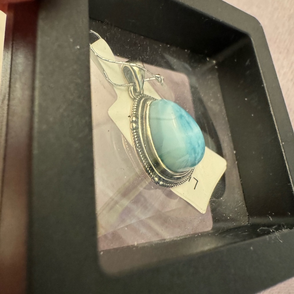 925 silver Larimar teardrop pear pendant blue crystal gemstone bezel set antique - Picture 4 of 6